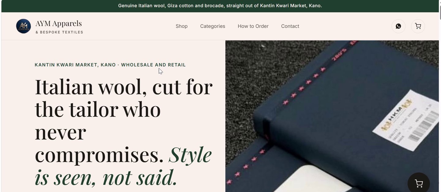 AYM Apparels website built by WebCraft Nigeria